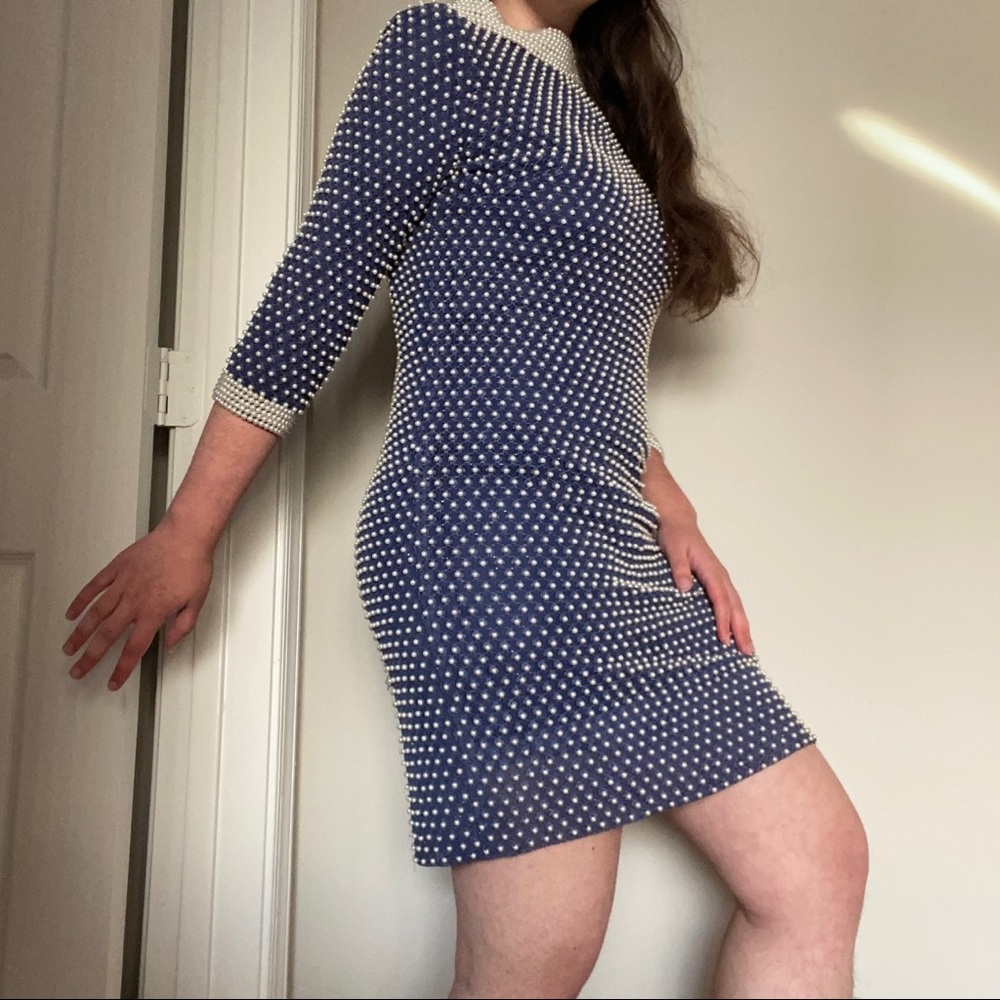 Unique 1960s style Navy Blue Lace and Faux Pearl Beads Dress